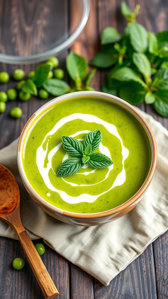 Refreshing Pea and Mint Soup Recipe A bright green bowl of pea and mint soup garnished with mint leaves and cream, surrounded by fresh peas.